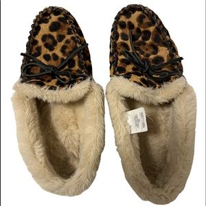 J CREW Leopard Calf Hair Fur lined moccasin slippers